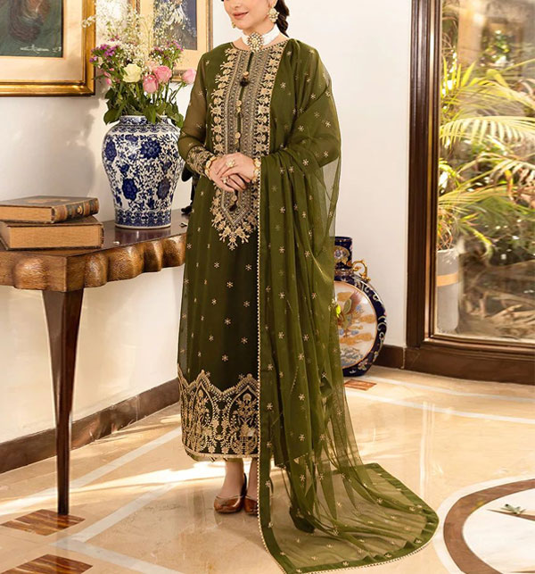 Chiffon Heavy Embroidered Dress With Chiffon 4 Sided Lace Border Dupatta (UnStitched) (CHI-898)