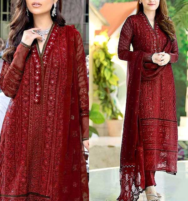 Heavy Embroidered Maroon Chiffon Party Wear Dress (UnStitched) (CHI-675)