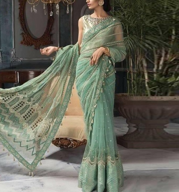 Luxury Heavy Embroidered Net Bridal Saree HandworkS stones & Peals 7 Yard with Inner (CHI-699)