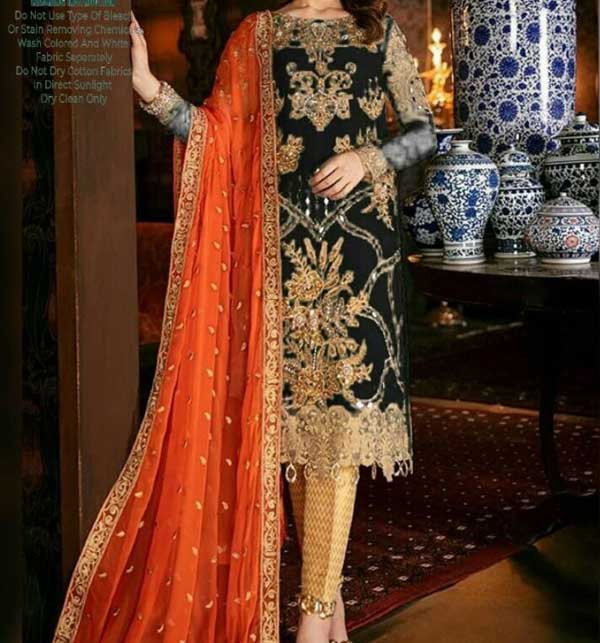 Chiffon Heavy Embroidery Mirror Work Dress with 4-Side Embroidered Dupatta (Unstitched) (CHI-612)