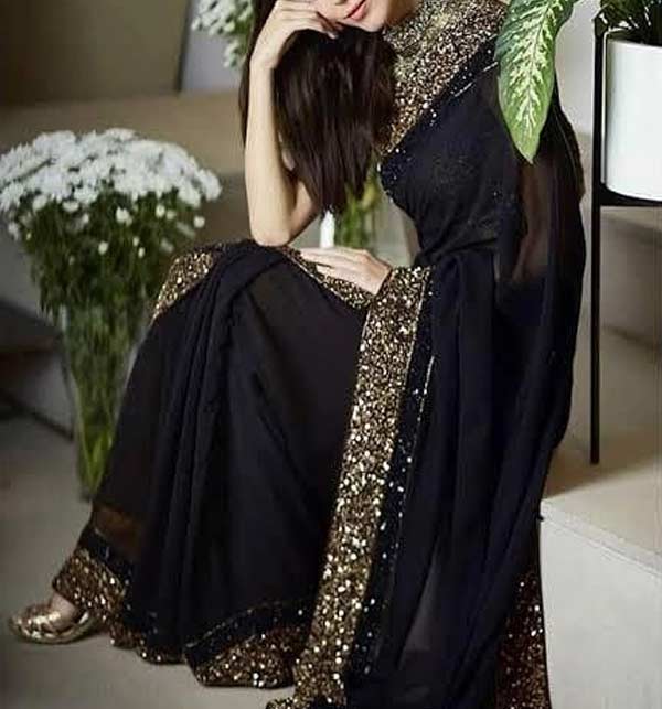 Indian Black Bridal Embroidered Saree (CHI-592)