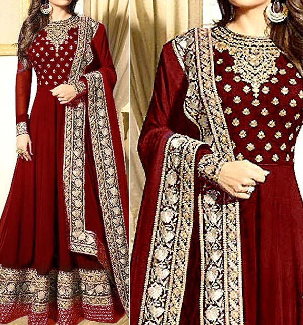 Indian Embroidered Maroon Chiffon Maxi Dress Unstitched  (CHI-686)