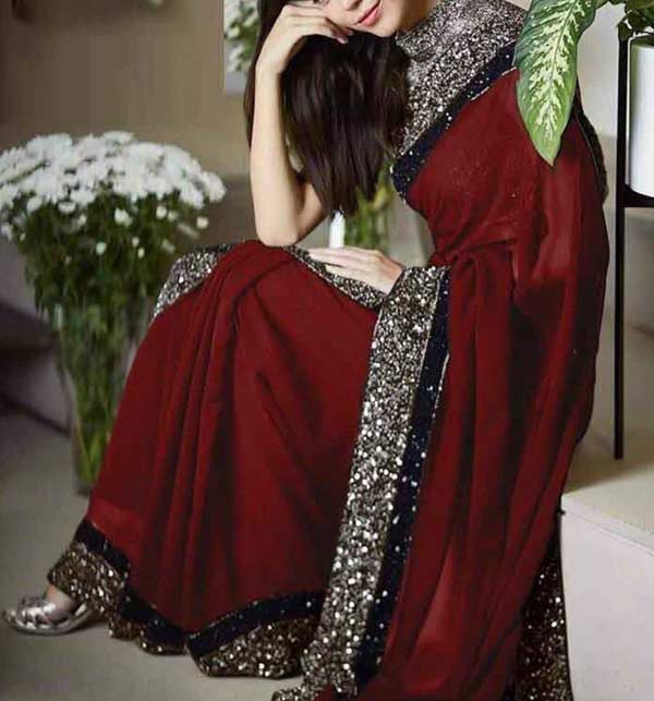 Indian Maroon Bridal Embroidered Saree (CHI-593)