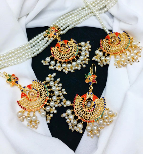 Indian Pearl Noratan Choker Necklace Set With Earrings And Tikka (ZV:20443)