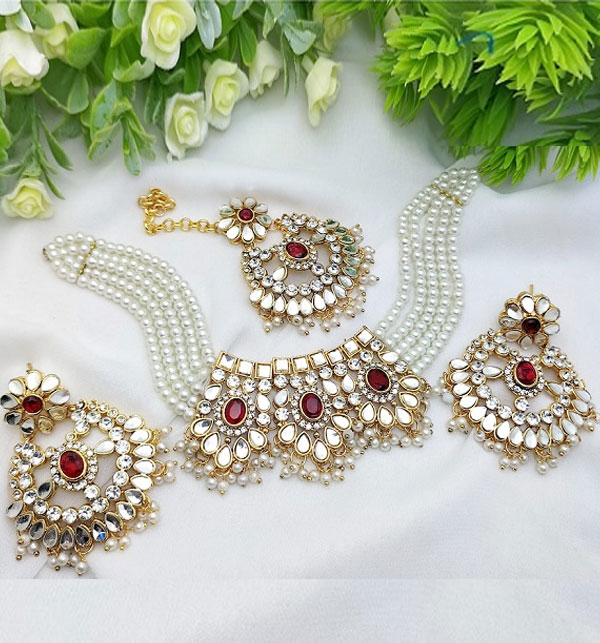 Indian Zircon Farshiya Kundan Gajra Choker Set with Big Earrings and Tika (ZV:27545)