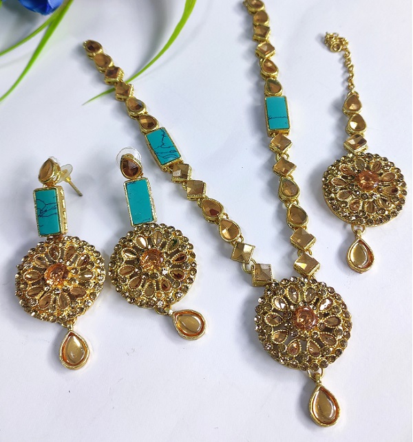 Turkish Jewelry Necklace Set With Earring & Matha Patti (ZV:2909)