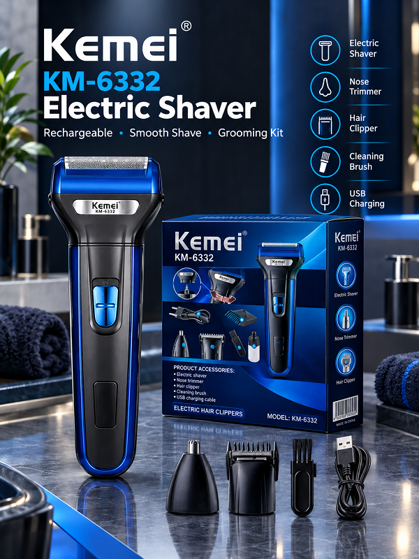 Kemei KM-6332 3 in 1 Grooming Kit – Rechargeable Trimmer for Beard, Hair & Nose