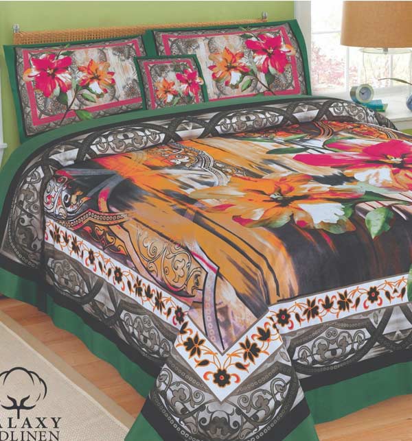 Digital Printed Soft Cotton King Size 4 Pec Bed Sheet 2 Pillow 1 Cushion (BCP-103)