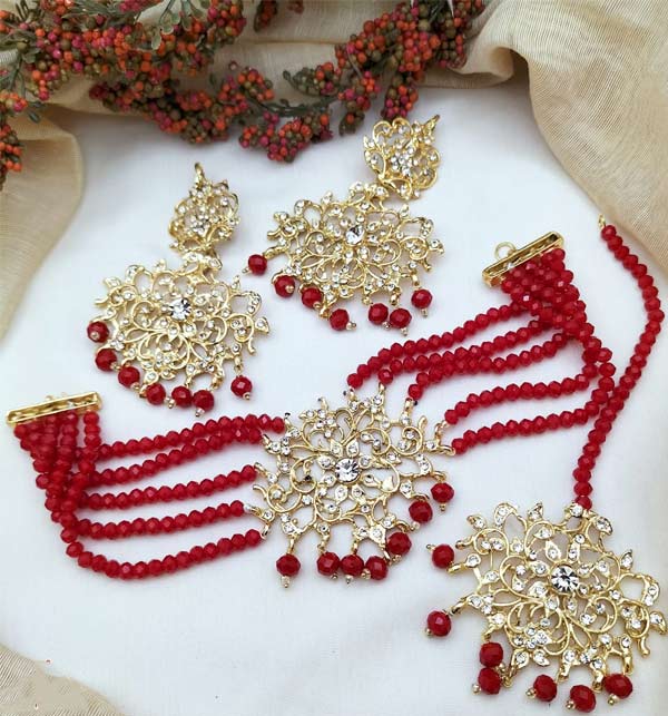 Kundan Deandra Antique Gold Jhumar with Earrings - Maroon  (PS-541)