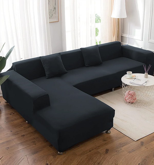 L-Shape Sofa Cover 6 Seater (3+3) Standard Size Stretchable Elastic Fitted Solid Color Jersey Cover - Black	