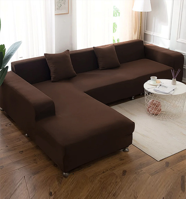L-Shape Sofa Cover 6 Seater (3+3) Standard Size Stretchable Elastic Fitted Solid Color Jersey Cover - Brown	