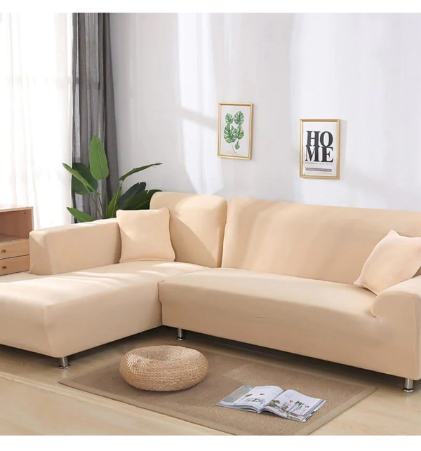 L-Shape Sofa Cover 6 Seater (3+3) Standard Size Stretchable Elastic Fitted Solid Color Jersey Cover - Camel