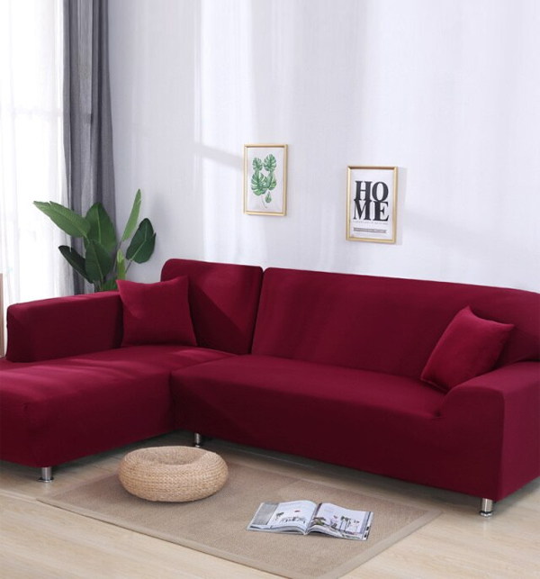 L-Shape Sofa Cover 6 Seater (3+3) Standard Size Stretchable Elastic Fitted Solid Color Jersey Cover - Maroon	