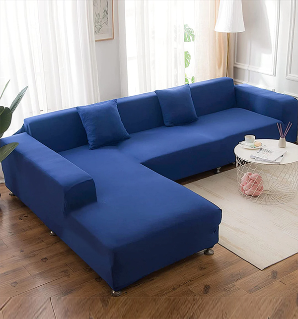L-Shape Sofa Cover 6 Seater (3+3) Standard Size Stretchable Elastic Fitted Solid Color Jersey Cover - Royal Blue	