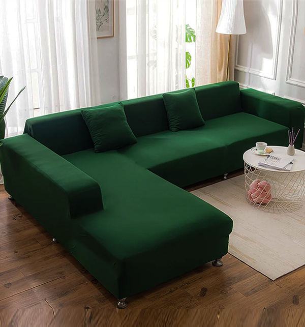 L-Shape Sofa Cover 7 Seater (4+3) Standard Size Stretchable Elastic Fitted Solid Color Jersey Cover - Green	