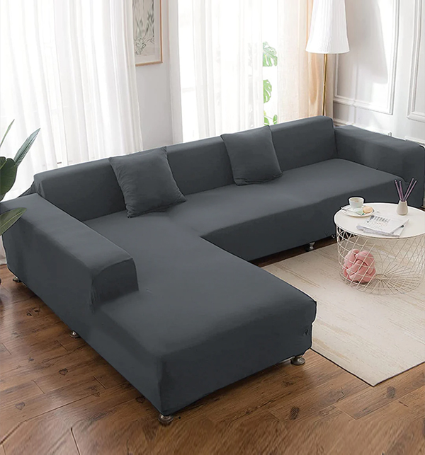 L-Shape Sofa Cover 7 Seater (4+3) Standard Size Stretchable Elastic Fitted Solid Color Jersey Cover - Grey