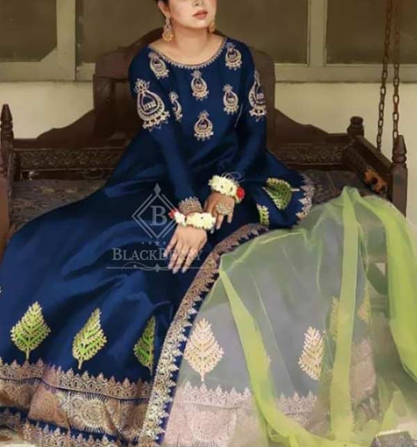 Stitched Latest 3 Pcs Blue Silk Maxi Dress With Embroidered Organza Dupatta (RM-07)