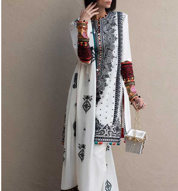 Latest Embroidered 3 Pcs Dress With Bamber Chiffon Embroidered Dupatta (UnStitched) (DRL-1223)