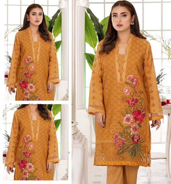 Latest Embroidered Chickenkari Dress With Printed Chiffon Dupatta (UnStitched) (DRL-1380)