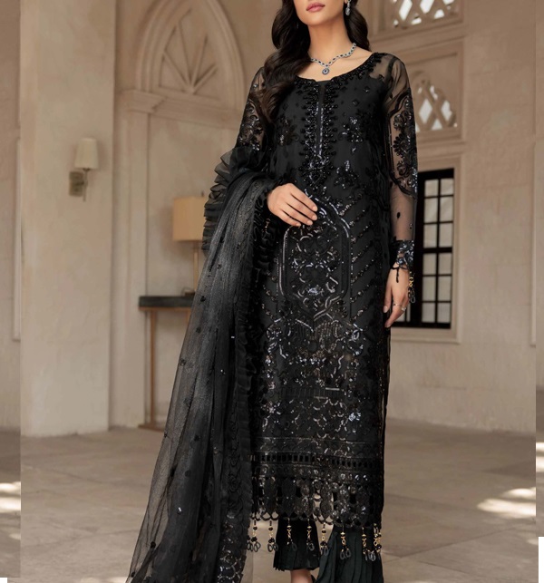 Elegant Sequins Embroidered Black Chiffon Party Wear Dress (CHI-729)