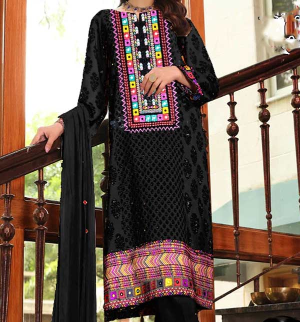 Latest Embroidered Black Lawn Dress With Lawn Duppata (UnStitched) (DRL-1272)