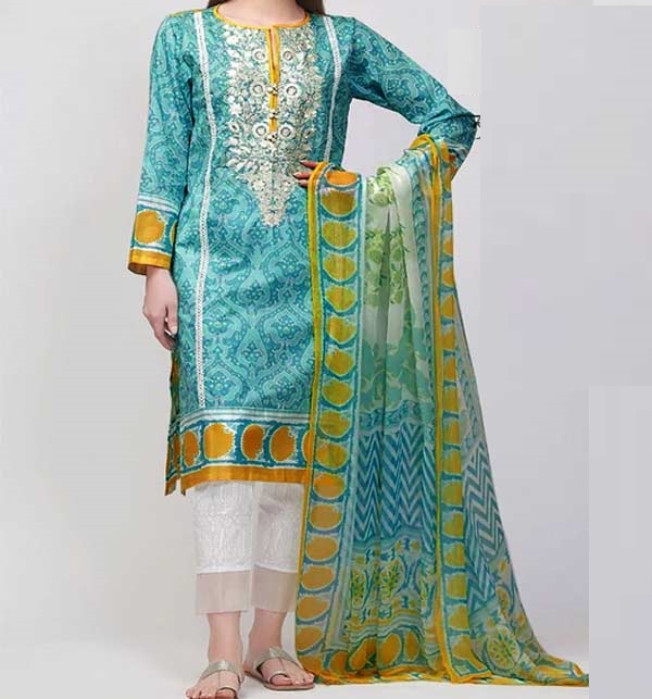 Latest Embroidered Lawn Dress With Printed Chiffon Dupatta (UnStitched) (DRL-1201)