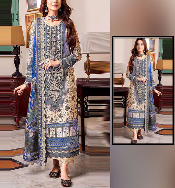 Latest Lawn Embroidery Dress With Printed Chiffon Dupatta 3 Pec Suite (Unstitched) (DRL-1649)	