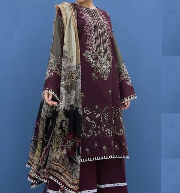 Linen Embroidered Dress 2021 With Wool Shawl Dupatta (LN-237)