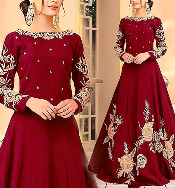 Stitched Raw Silk Maroon Heavy Full Embroidered Maxi (Length 52)  (CHI-650)