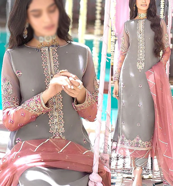 Embroidered Organza Grey Wedding Dress with Silk Trouser(UnStitched) (CHI-709)