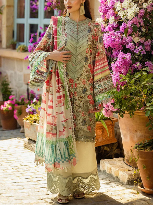 Latest Printed Lawn Embroidered Dress With Printed Chiffon Dupatta (Unstitched) (DRL-2232)