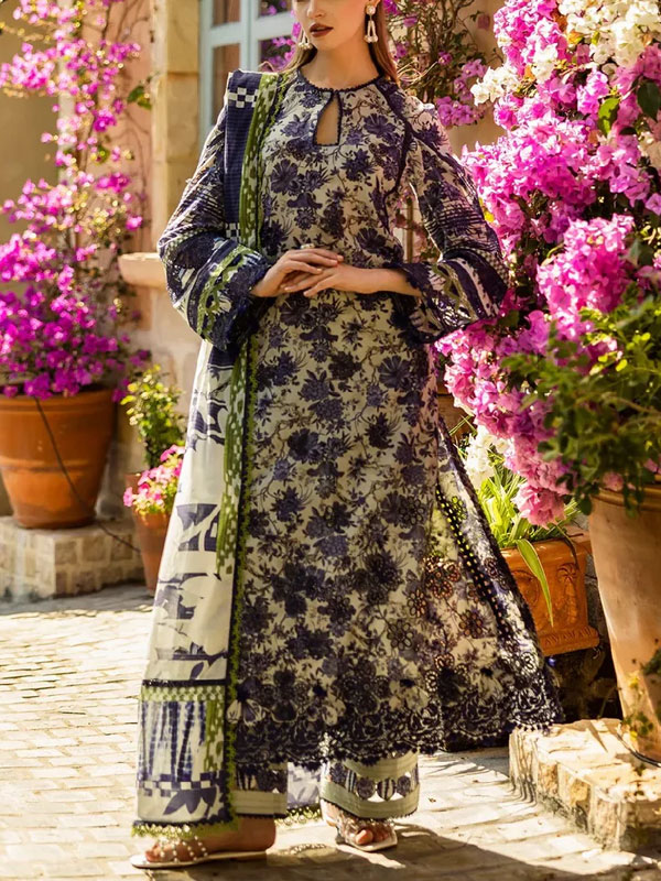 Latest Printed Lawn Embroidered Dress With Printed Chiffon Dupatta (Unstitched) (DRL-2233)