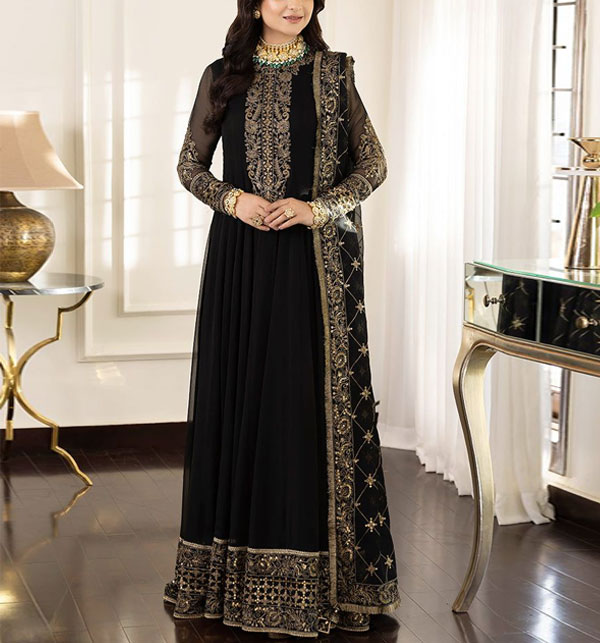 Fancy Black Embroidery NET Dress Sequence Embroidery Work (Unstitched)  (CHI-536) Online Shopping & Price in Pakistan