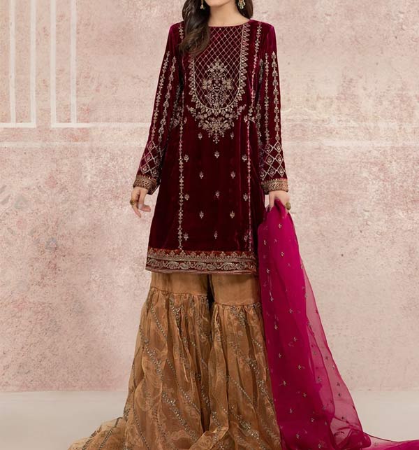 Velvet Heavy Embroidery Dress With Organza Embroidery Dupatta (Unstitched) (CHI-546)