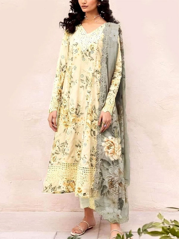 Lawn Boring Schiffli Embroidered All-Over Printed Dress Chiffon 4 Side Heavy 4 Sided Embroidery Dupatta (Unstitched) (DRL-2351)