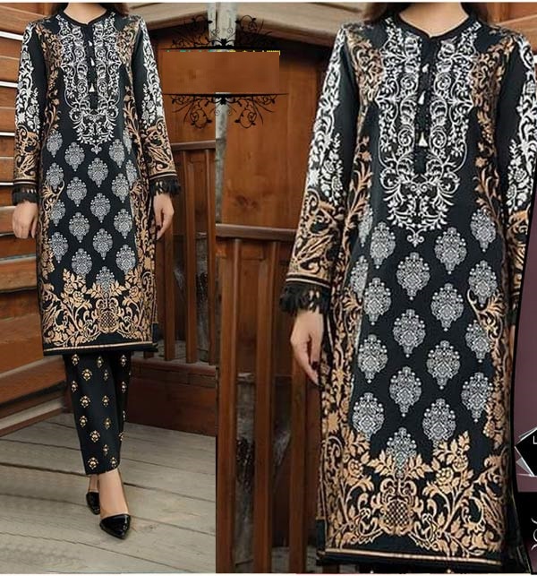 Linen 2 PCS Embroided Dress With Printed Trouser (LN-229)