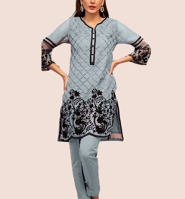 Linen Embroidered 2 Pcs Dress With EMbroidered Trouser (UnStitched) (LN-312)