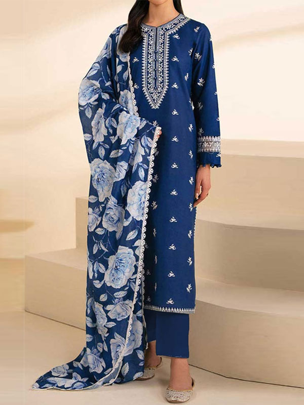 Linen Heavy Embroidered Dress With Printed Kortai Shawl (Unstitched) (LN-407)