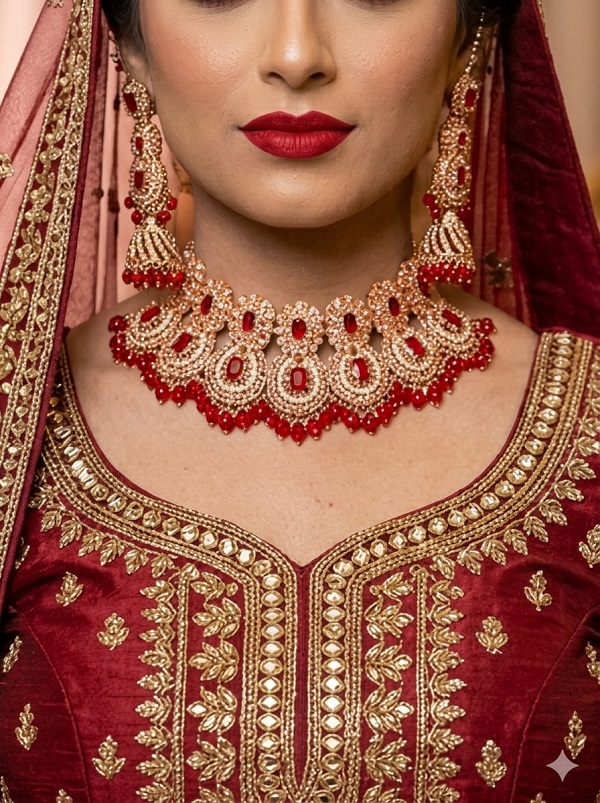 Luxury Bridal Maroon Zircon Wedding Necklace Jewelry Set , Earrings & Maang Tikka (ZV:141133)