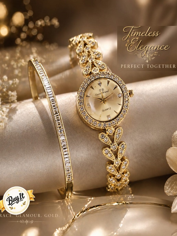 Luxury Gold Plated Zircon Watch & Bracelet Combo Set 