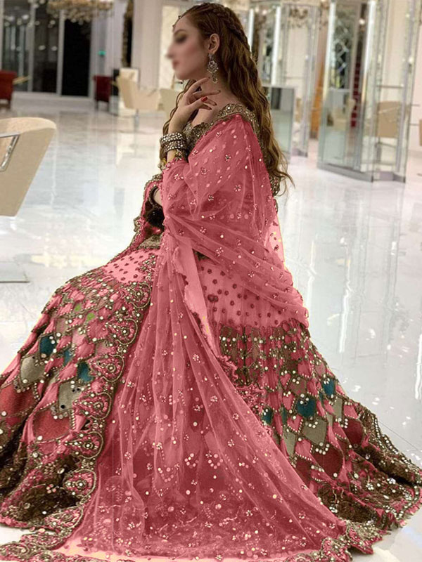 Luxury Mirror & Handwork Heavy Embroidered Net Mehndi Bridal Lehenga Dress (Unstitched) (CHI-961)