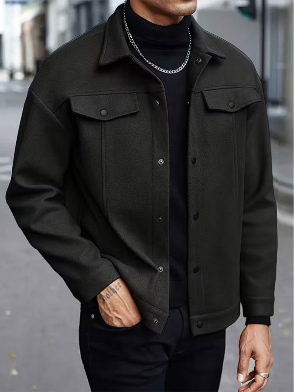 Mens's Black Truck Fleece Jacket Korean Fashion Slim Fitting Casual Jacket	
