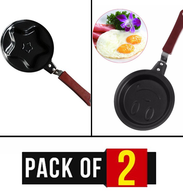 Pack OF2 Mini Nonstick Start & Smiley Face Shaped Egg Frying Pan - Black