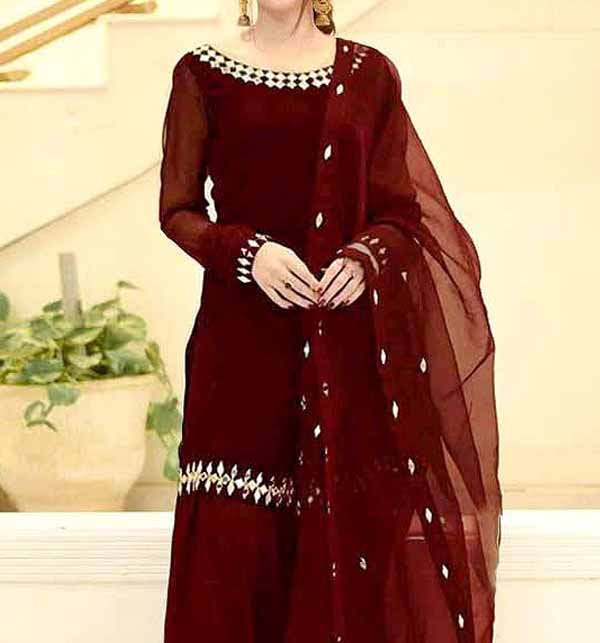 Mirror Work Embroidered Maroon Chiffon Suit with Net Dupatta (CHI-446)
