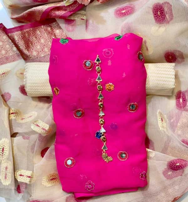 Mirror Work Embroidered Pink Chiffon Dress With Organza Jacquard Dupatta Unstitched (CHI-630)