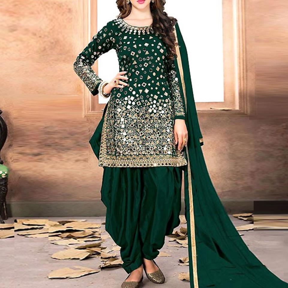 New Mirror Work Green Embroidered Chiffon Party Dress 2021