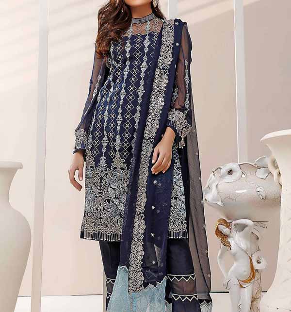 Net Handwork Embroidered Suit With Embroidered Bamber Chiffon Dupatta (EHC-01)