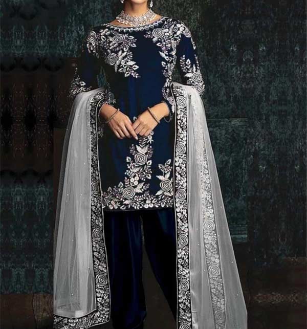 Embroidered Navy Blue Silk Party Wear Dress 2022 (Unstitched) (CHI-564)