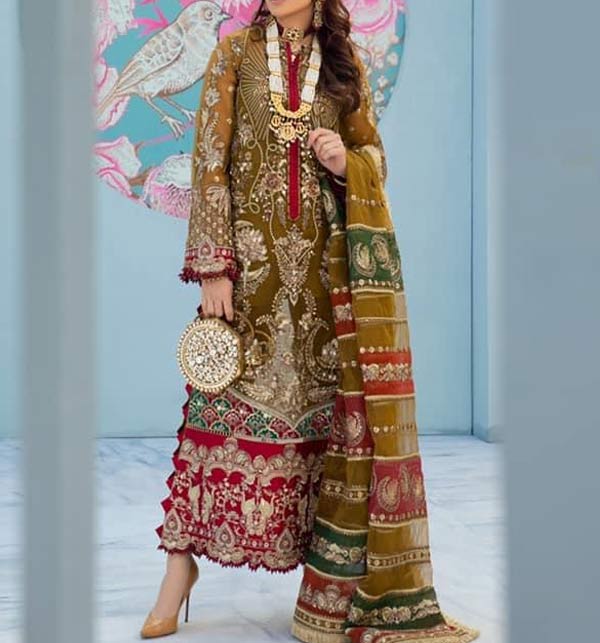 Heavy Wedding Collection Embroidered Dress With Organza Embroidered Dupatta (UNSTITCHED) (CHI-517)