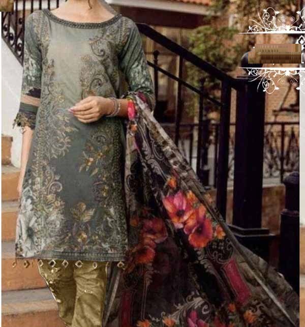 Dhanak Embroidered Dress With Dhanak printed Shawl (Unstitched )(LN-271)